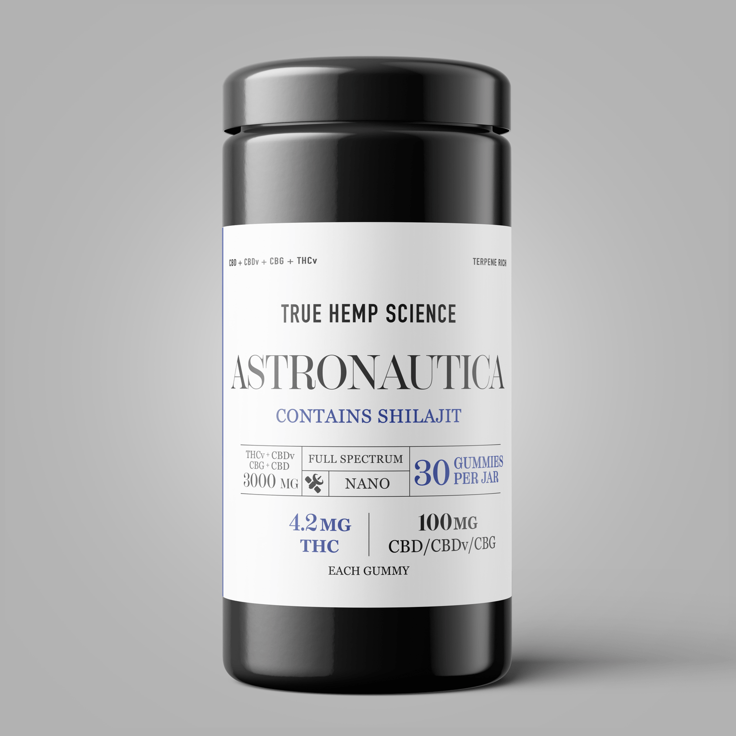 ASTRONAUTICA CBDv Blend- 30 ct NANO Gummies 100mg CBDv +4.2mg THC Full - Spectrum Hemp Extract + Shilajit