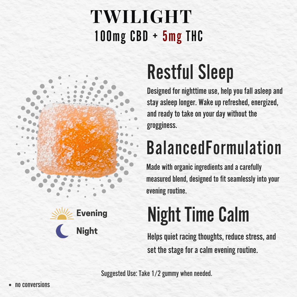 TWILIGHT 50 - Count Gummies 5 mg THC + 100 mg CBD Full - Spectrum Hemp Extract - True Hemp Science