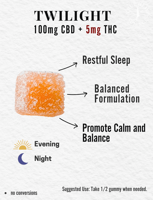TWILIGHT 50 - Count Gummies 5 mg THC + 100 mg CBD Full - Spectrum Hemp Extract - True Hemp Science